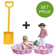 Zandbak schelp roze met plastic schep 50 cm lang geel