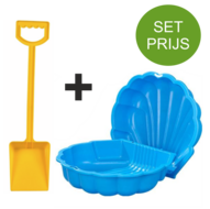 Zandbak schelp en plastic schep 50 cm lang geel