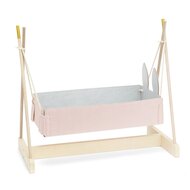 Houten poppenschommelwieg blank/roze met linnen - tot 45 cm