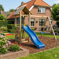 Houten Speeltoestel Maria met blauwe glijbaan