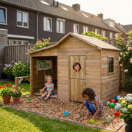 Speelhuis hout met overkapping, bankje en doorgeefluik - WOODY Livia