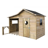 Speelhuis hout met overkapping, bankje en doorgeefluik - WOODY Livia