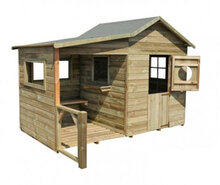 Speelhuis hout met overkapping, bankje en doorgeefluik - WOODY Livia