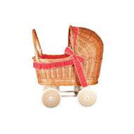 Rieten poppenwagen met rode stipjesstof en houten wielen