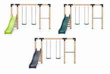 Houten schommel Douglas| Dommel 400 cm - RVS duikelstang + limoengroene glijbaan 