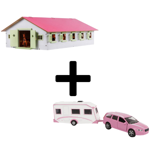 Kids Globe Set Houten Paardenstal Met 9 Boxen + Volvo Met Caravan ( Roze) 1:32
