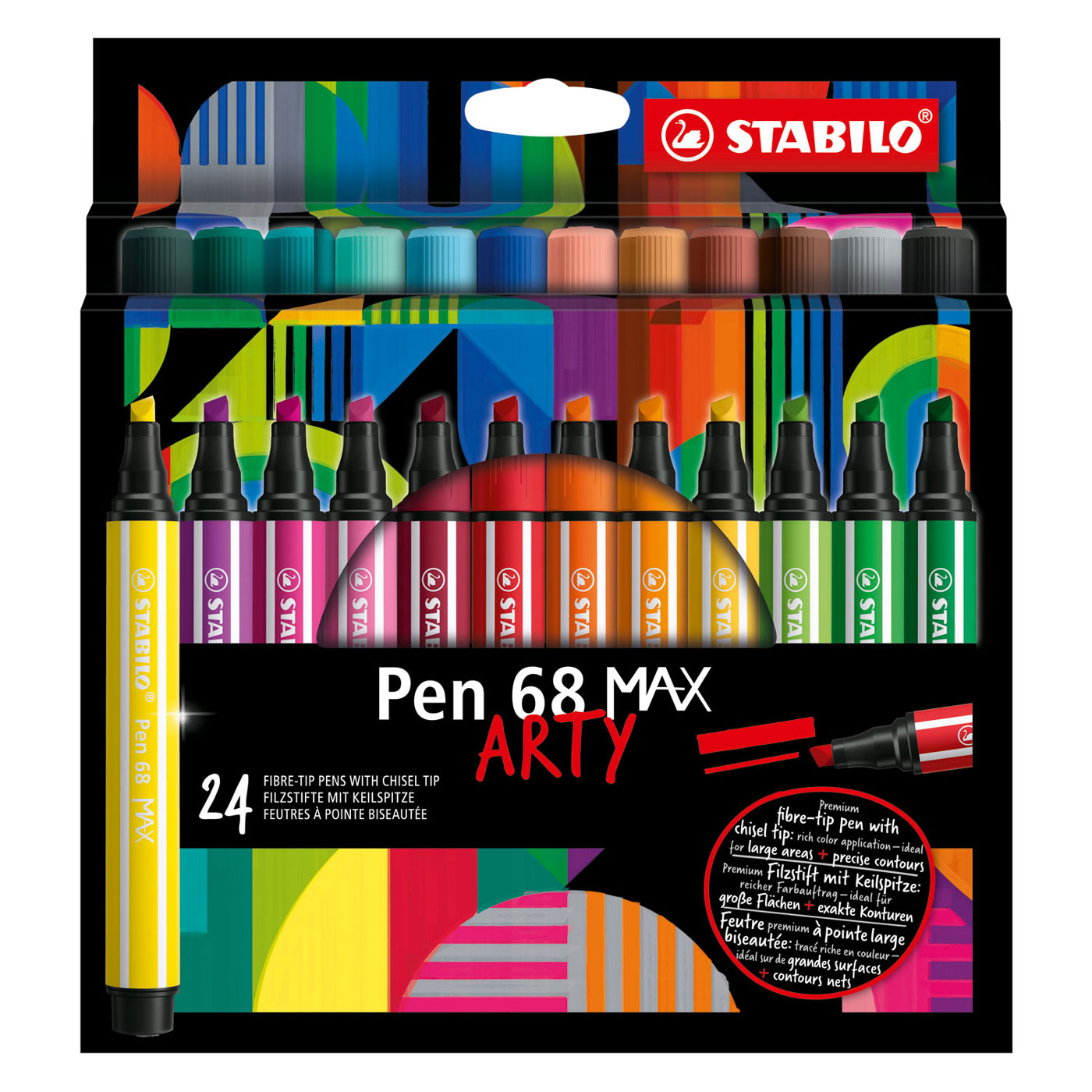 STABILO Pen 68 MAX ARTY - Viltstift Met Dikke Beitelpuntetui - 24 Kleuren