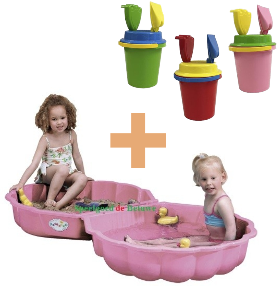 Zandbak schelp roze met deksel en Summertime emmerset uni 14cm