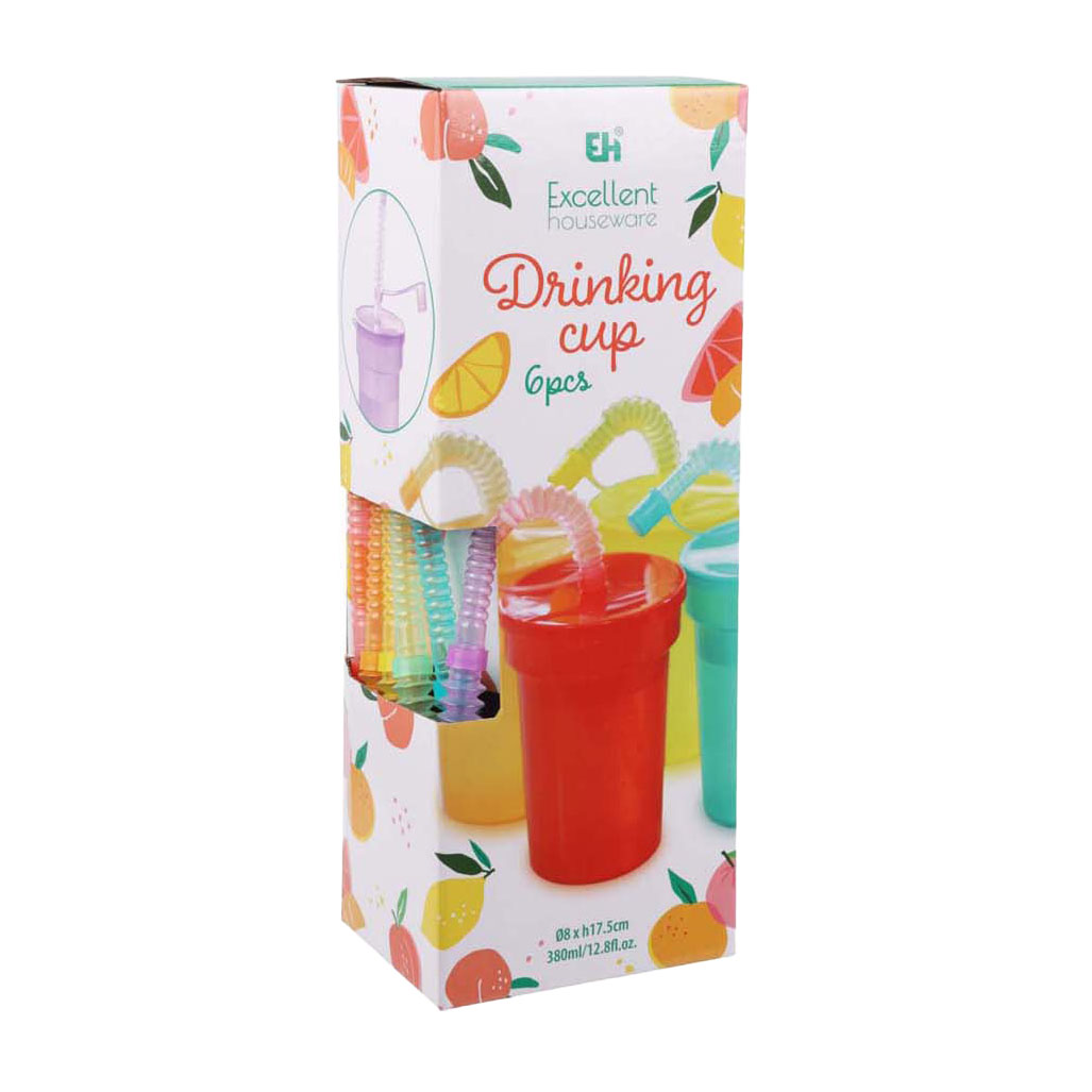 Gekleurde Drinkbekers met Rietje, 6st.