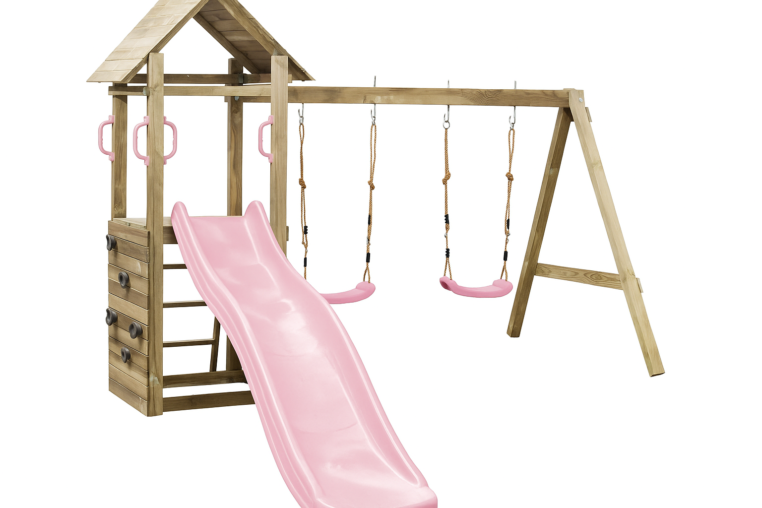 Houten speeltoestel met dubbele schommel, glijbaan Roze