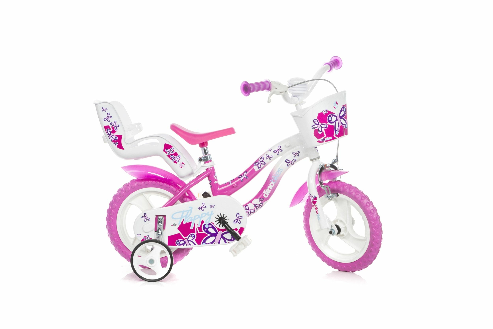 Kinderfiets 12 inch Dino Bikes Flappy met zijwieltjes roze/wit