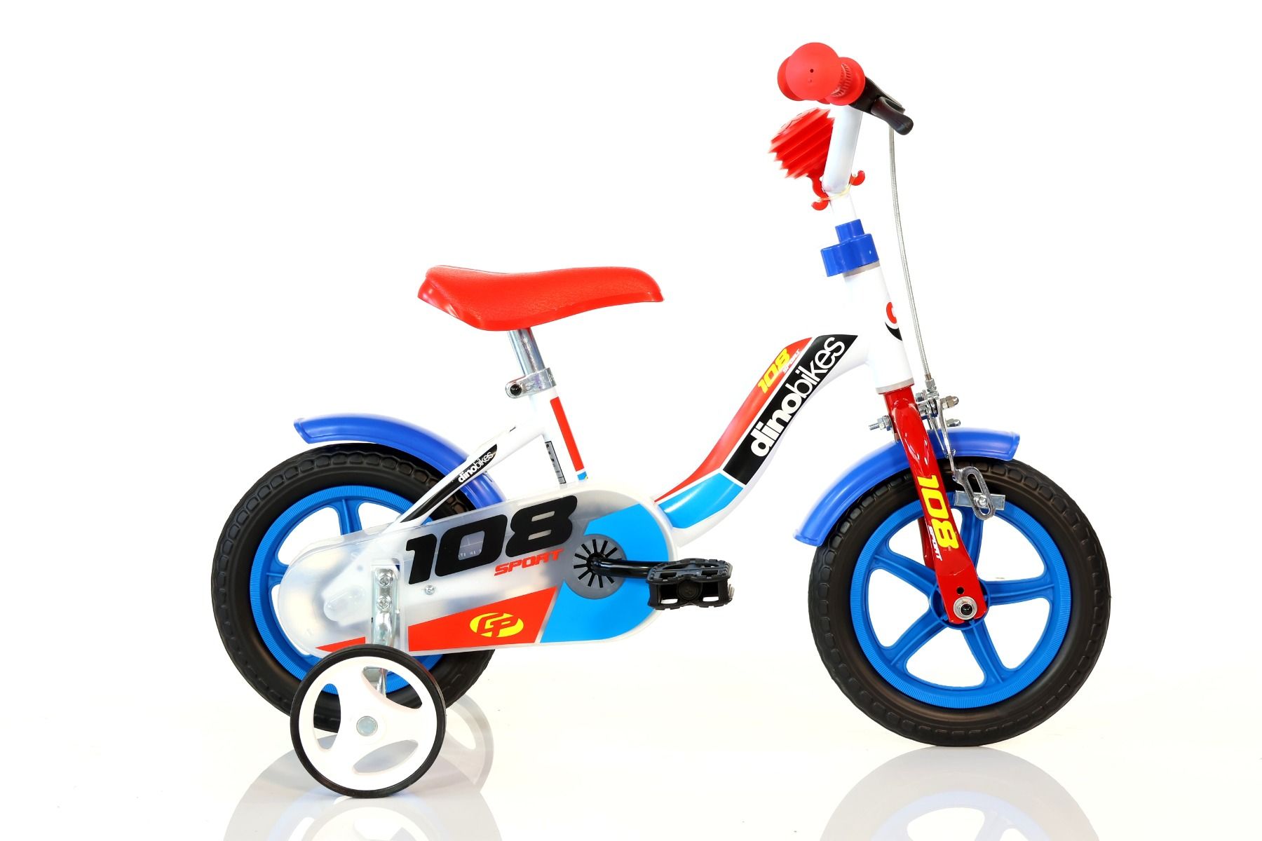 Kinderfiets 10 inch Dino Bikes met zijwieltjes en rem blauw/rood
