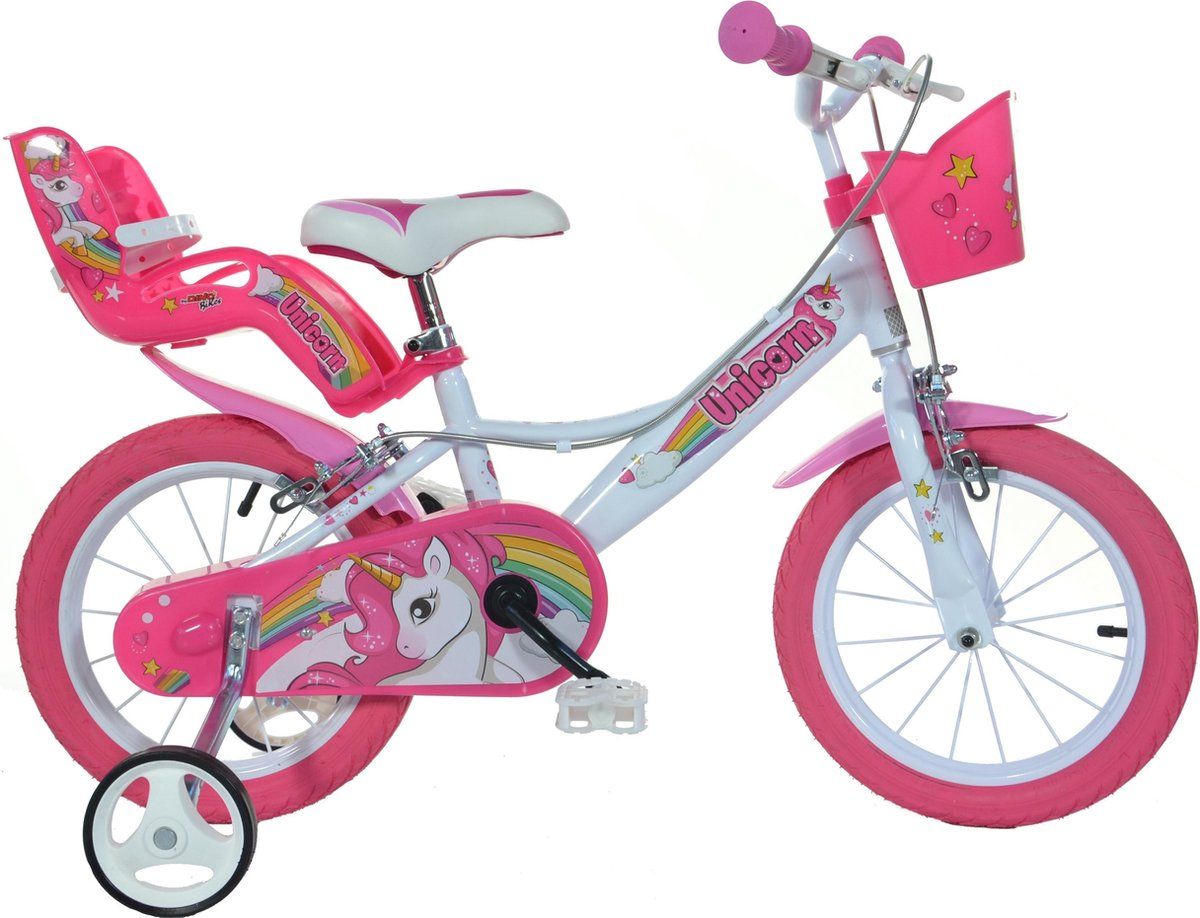 Kinderfiets 14 inch unicorn meisjes met zijwieltjes Dino Bikes