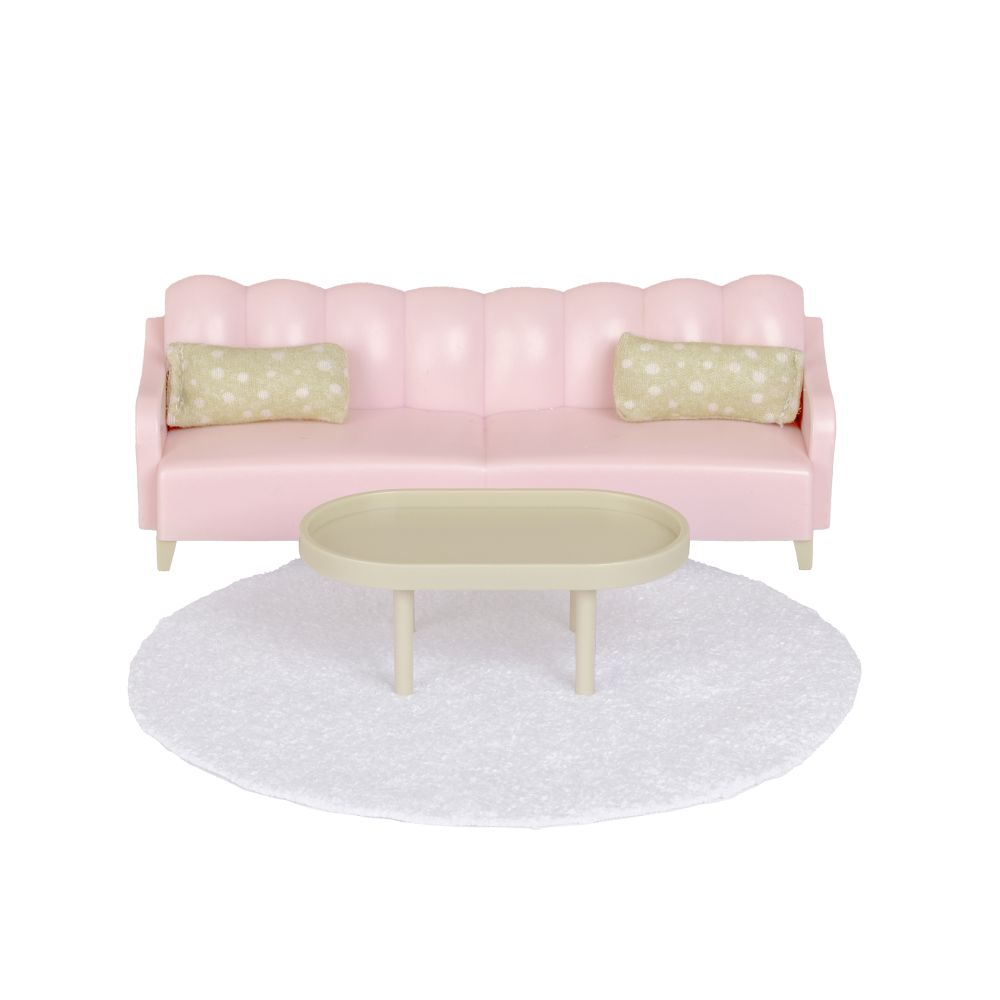 Lundby poppenhuis woonkamer set roze - bank, tafel, kleed 1:18