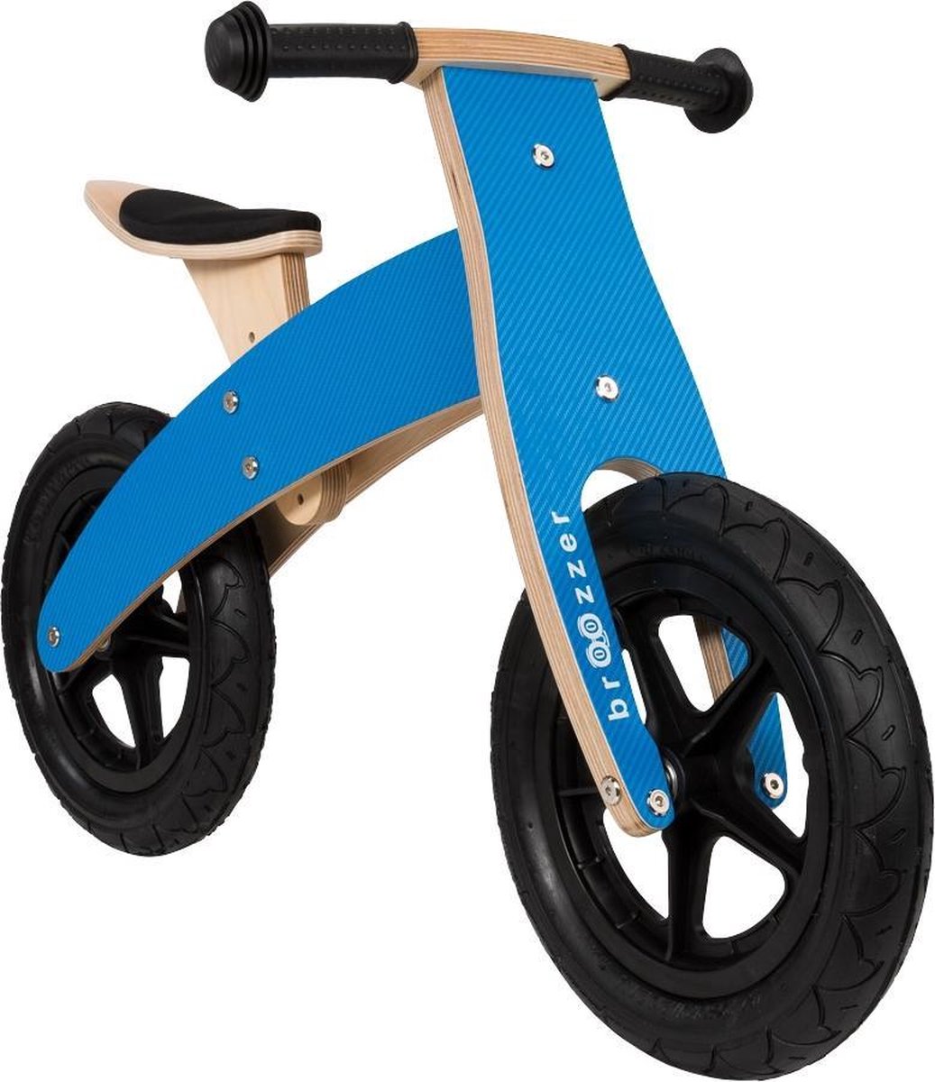 Houten loopfiets 12 inch Broozzer - verstelbaar frame - blauw