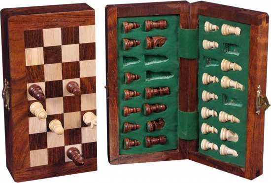 Schaakset magnetisch/ opklapbaar, 9 x 17 cm - Acacia hout
