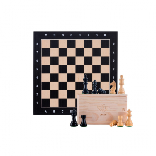 Schaakset ingelegd, 50 x 50 cm met schaakstukken 82 mm - Zwart, esdoorn
