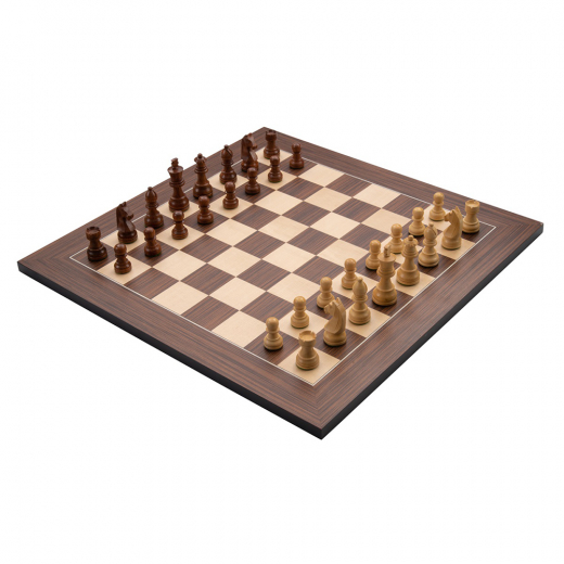 Schaakset bord ingelegd, 50 x 50 cm met schaakstukken no. 4 in houten kist - Walnoot/esdoorn