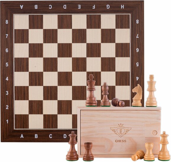 Schaakset ingelegd 40 x 40 cm met schaakstuken 76 mm - Bruin, esdoorn/kassia