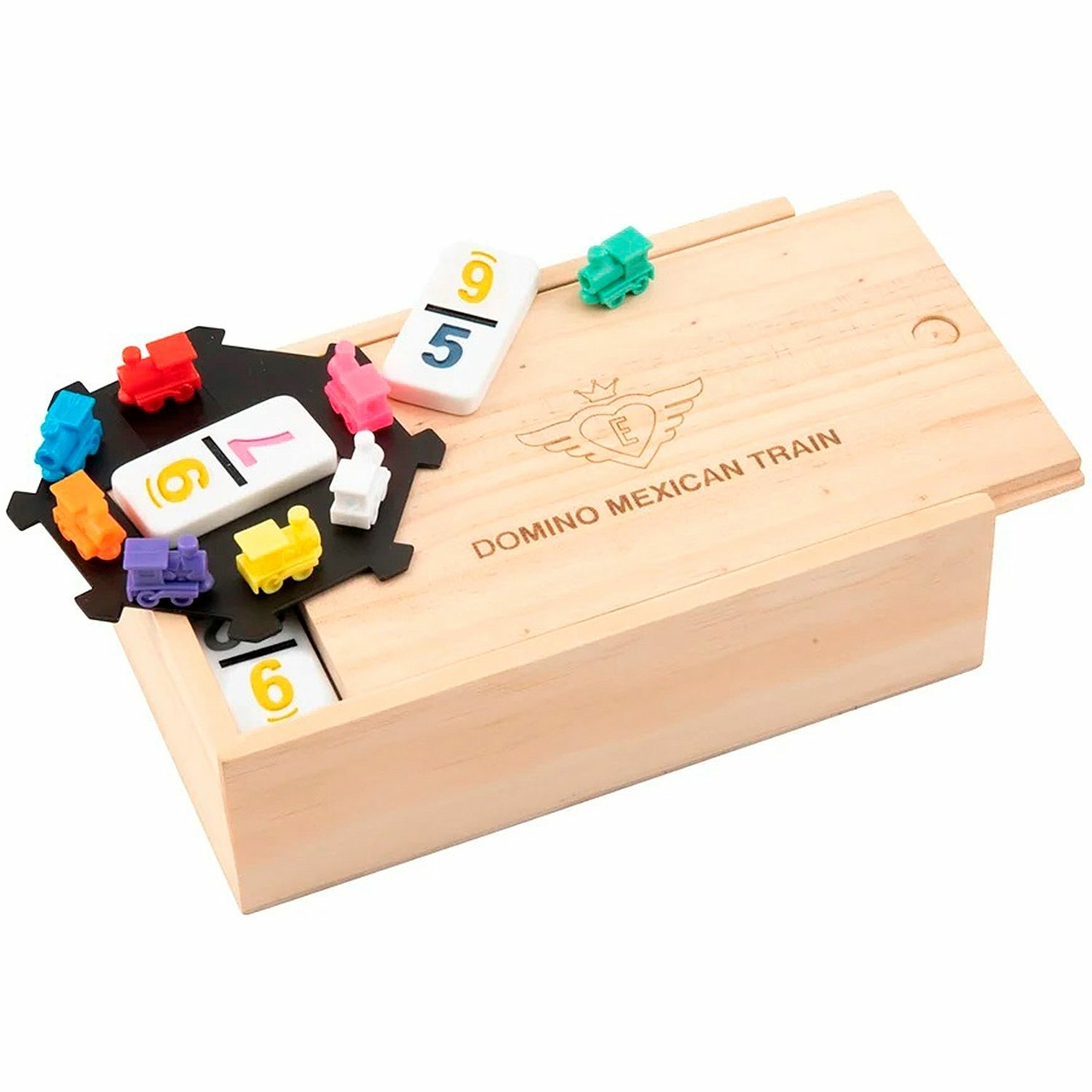 Domino Dubbel 9 Mexican train Nummers in houten kist