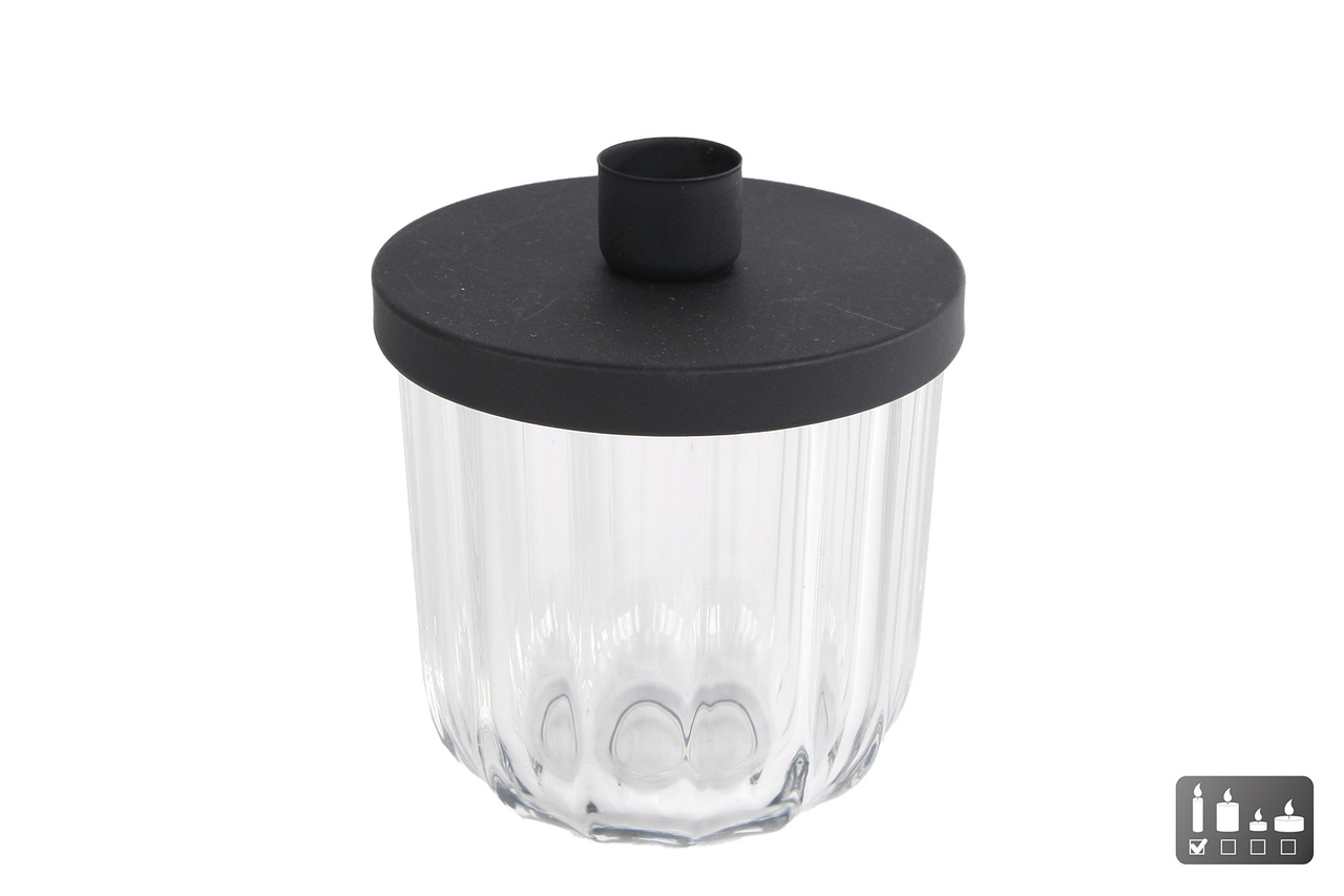 Kandelaar Luna &ndash; helder/zwart &ndash; glas/metaal &ndash; 9 &times; 9 &times; 11,5 cm