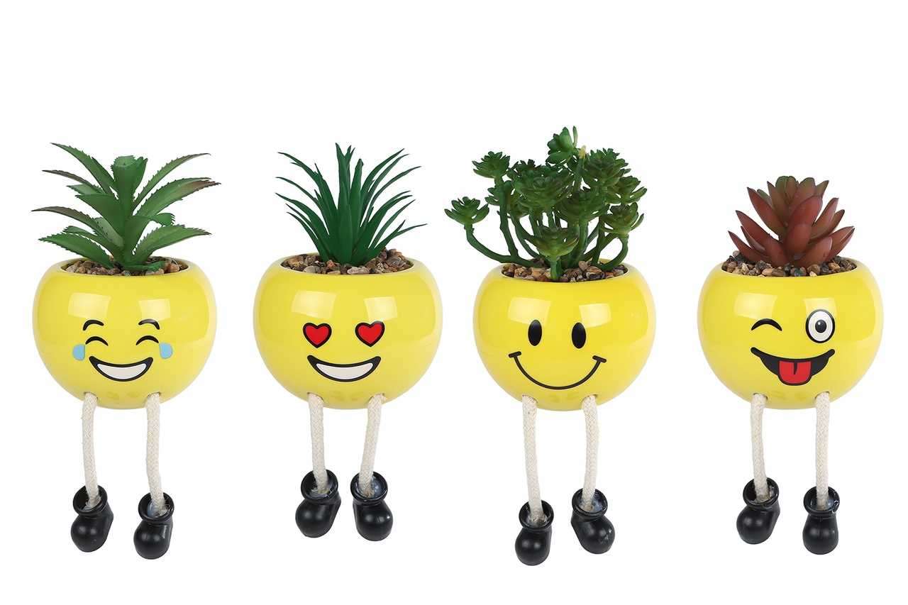 Bloempotje Smile &ndash; met plantje geel &ndash; aardewerk &ndash; 9 &times; 9 &times; 13 cm &ndash; diverse uitvoeringen