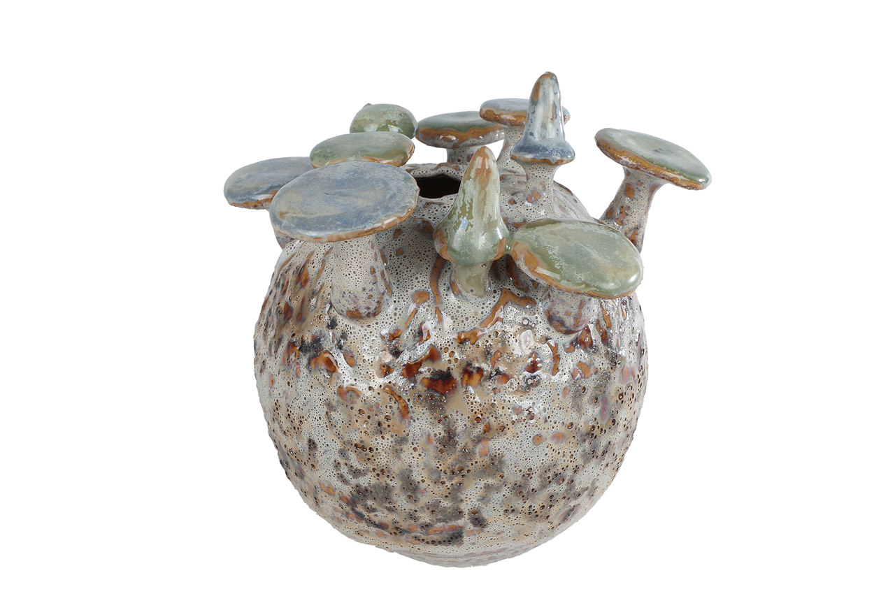 Aardewerken vaas Mushroom &ndash; cr&egrave;me/grijs/groen &ndash; 16,5 &times; 15 &times; 18,5 cm