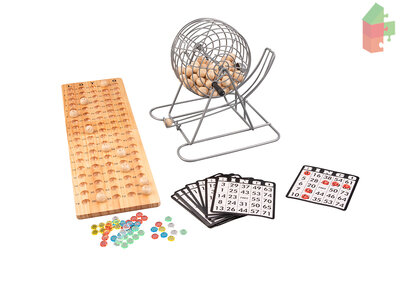 Bingo-Lotto Set Compleet Met 90 Ballen. Met Houten Controlebord Tot 90. Afm. 25 X 15 X 37 Cm