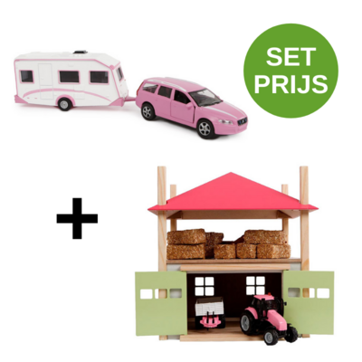 Kids Globe Set Hooiberg-Hout-Met-Berging-1:32-32X35X45-Roze + Volvo V70 Met Caravan