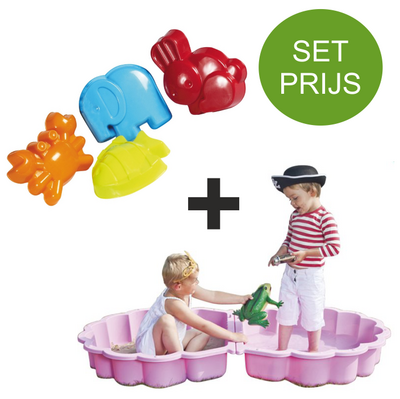 Zandbak schelp roze met tuinset met 4 dierenvormpjes in de kleuren blauw, groen, geel en oranje