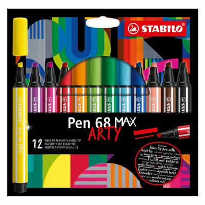 STABILO Pen 68 MAX ARTY - Viltstift Met Dikke Beitelpuntetui, 12 Kleuren