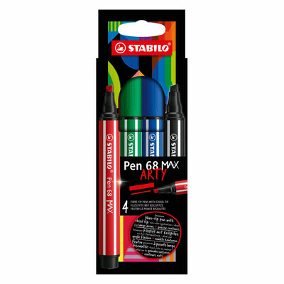 STABILO Pen 68 MAX ARTY - Viltstift Met Dikke Beitelpuntetui, 4 Kleuren