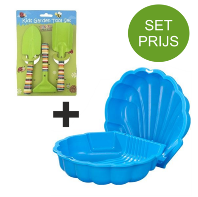 Zandbak schelp en tuinset met 3 tuin accessoires (groen)