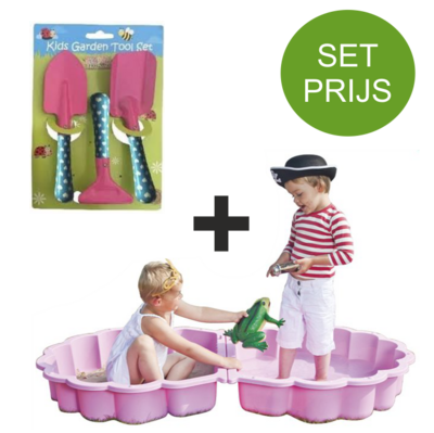 Zandbak schelp roze met tuinset met 3 tuin accessoires