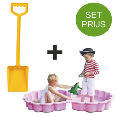 Zandbak schelp roze met plastic schep 50 cm lang geel