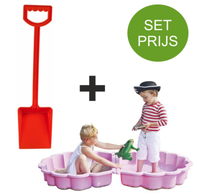 Zandbak schelp roze met plastic schep 50 cm lang rood