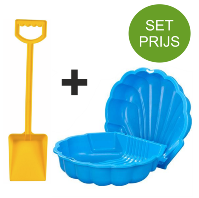 Zandbak schelp en plastic schep 50 cm lang geel