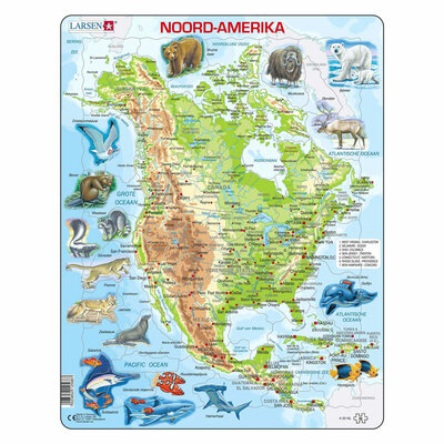 Larsen Legpuzzel Kaart Noord Amerika Geografisch met Dieren, 66st.