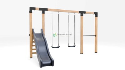 Houten schommel Douglas| Dommel 400 cm - RVS duikelstang + antraciet glijbaan