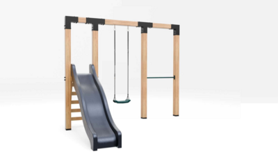 Houten schommel Douglas| Dommel 300 cm - Donkergroene duikelstang + antraciet glijbaan