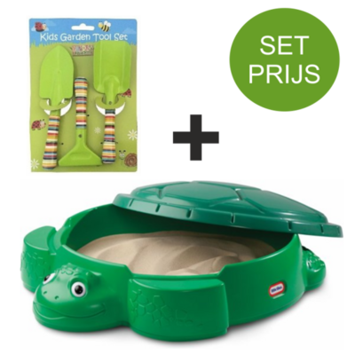 Zandbak schildpad 111x109 cm met deksel + tuingereedschap set kids